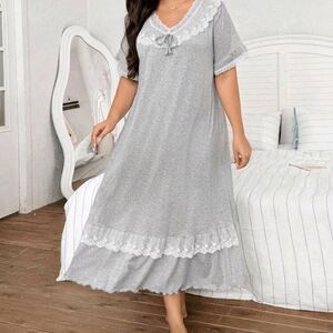 Elegant Gray Lace Trim Nightgown